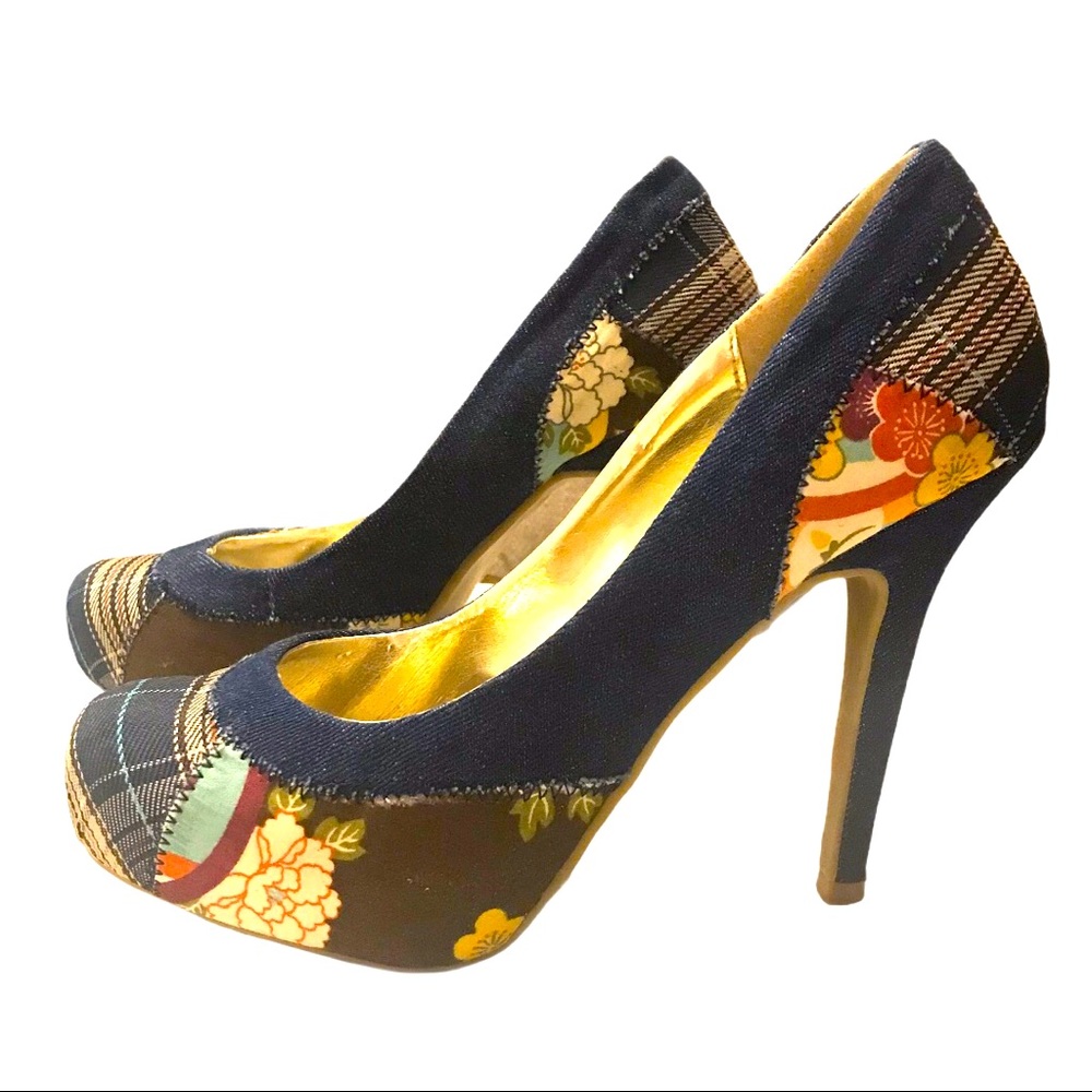 Patchwork Denim Plaid Hidden Platform Heels